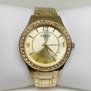 Folio gold tone women’s watch 32mm round case quartz rhinestones links running